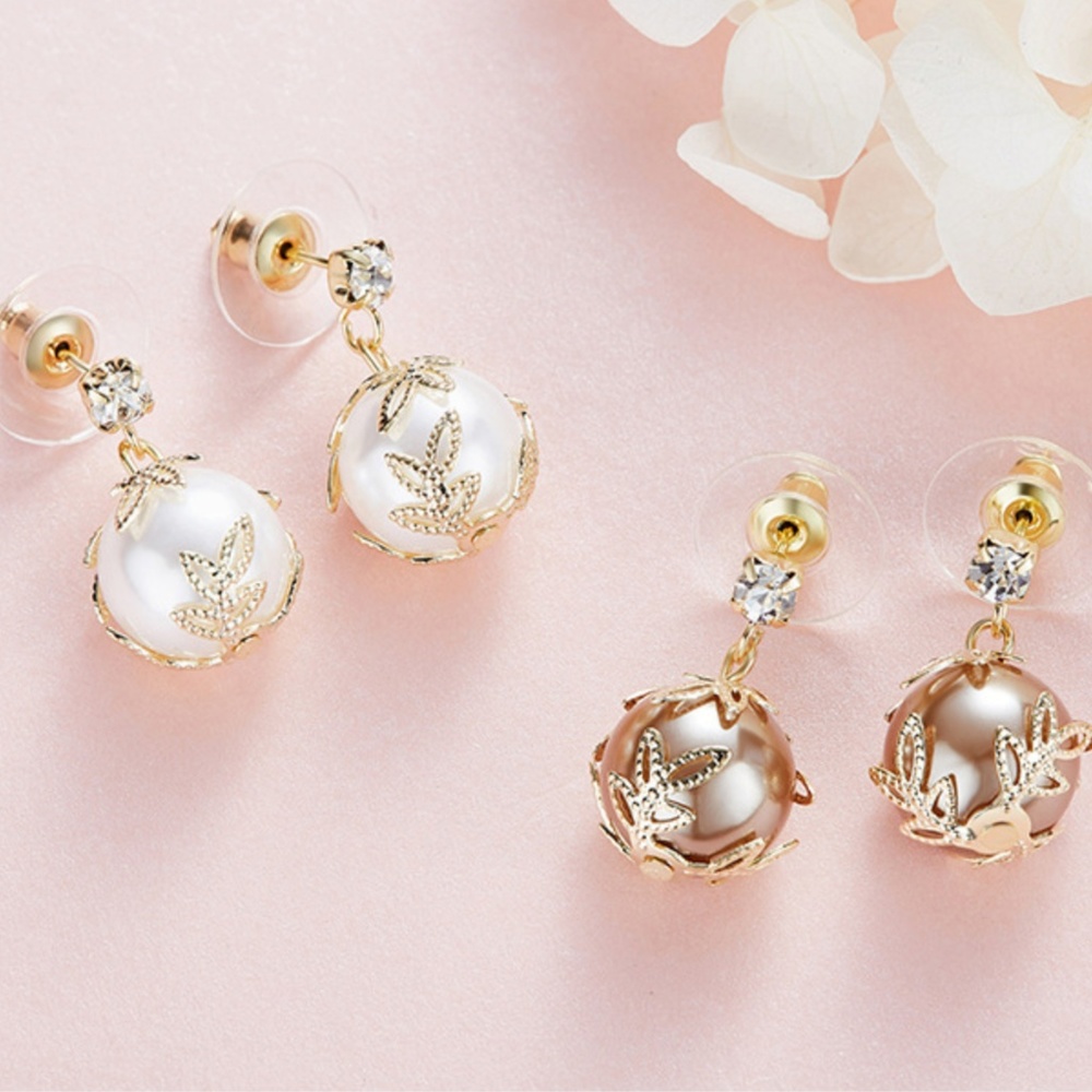Gold Plated Leaves with Faux Pearl Dangle Earrings